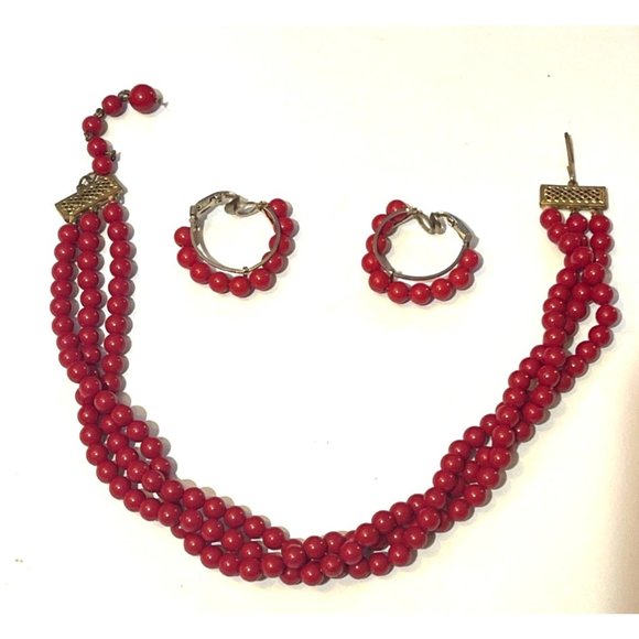 Vintage Red Beaded Three Strand Necklace and Hoop Earrings Clip-on Set HTF - Picture 1 of 7
